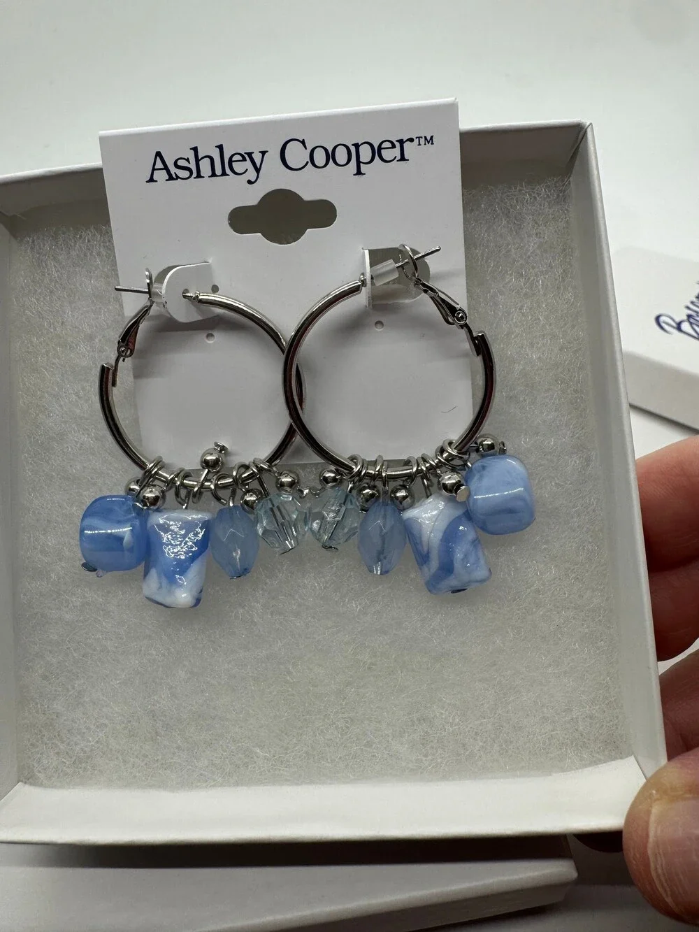 Ashley Cooper Silver Tone Hoop Earrings Blue Bead Dangle New